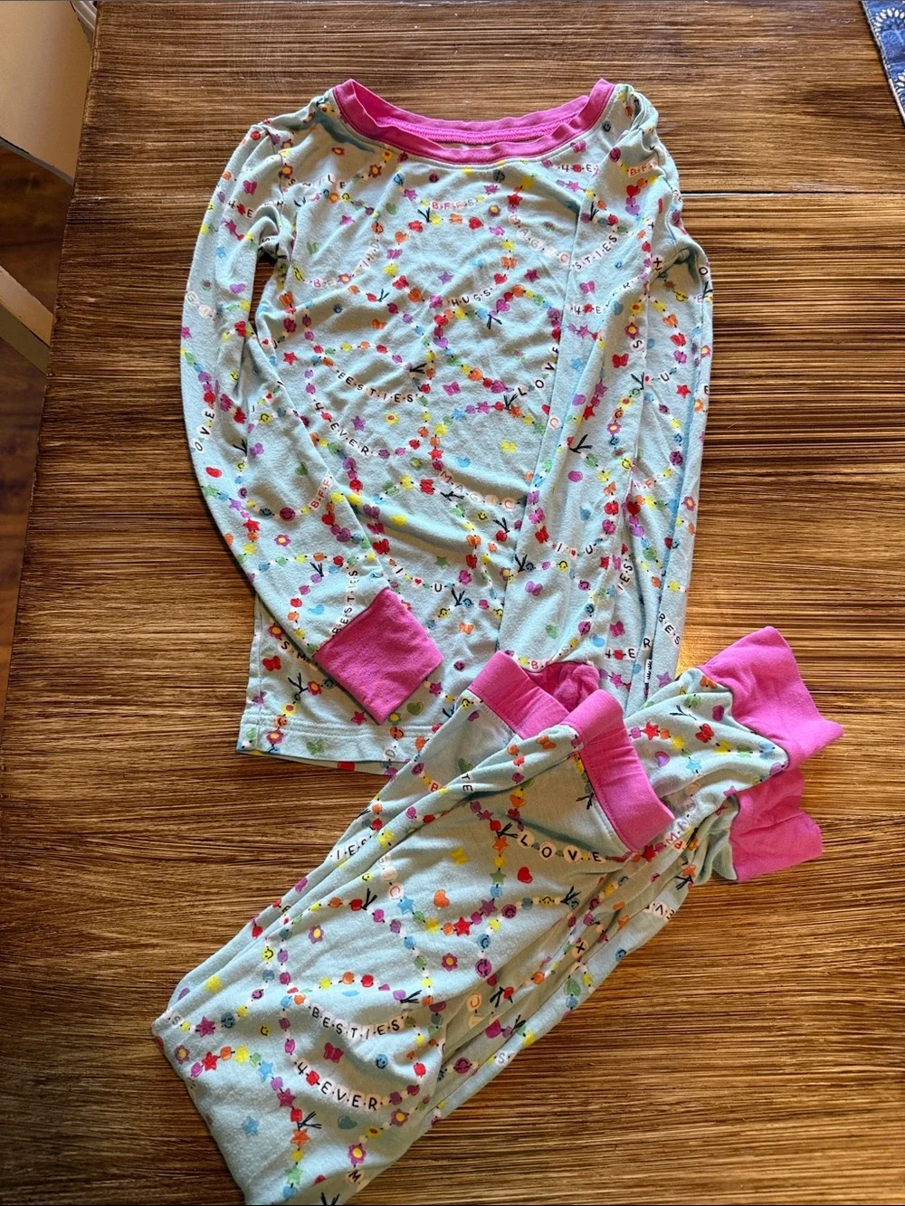 Girls' Little Sleepies Light Blue Floral Heart-Print Pajama Set with Pink Trim